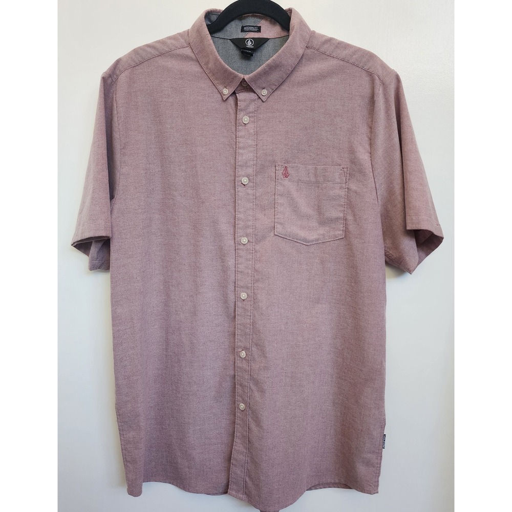 Volcom Mens Modern Fit Short Sleeve Button Down Shirt Burgundy XL Marled Stretch